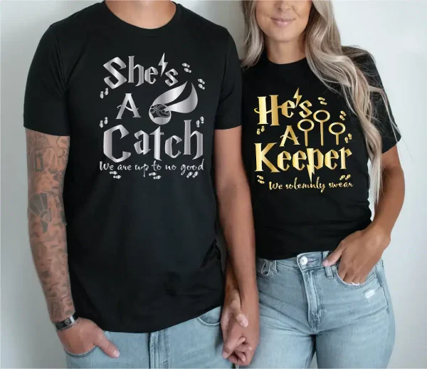 Couples Matching T-Shirt With She's A Catch and He's A Kepper Print Design, The Best Family Matching Gift