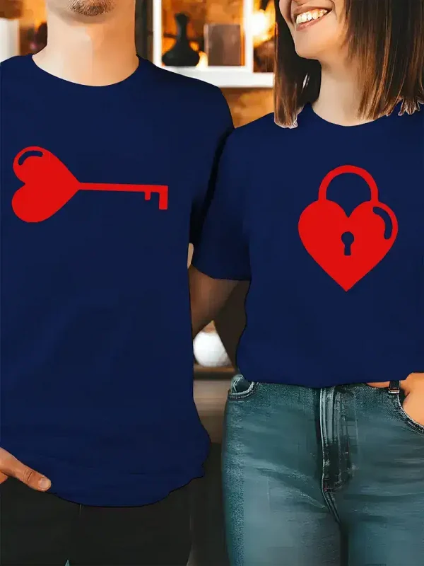 Couple Matching T-Shirt With Romantic Heart Key and Keychain Print Design, The Best Family Matching Gift