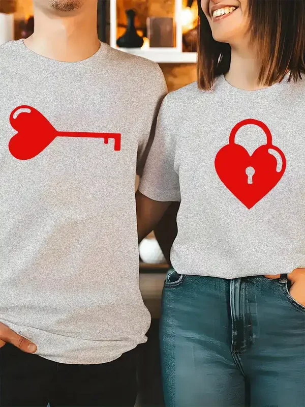 Couple Matching T-Shirt With Romantic Heart Key and Keychain Print Design, The Best Family Matching Gift