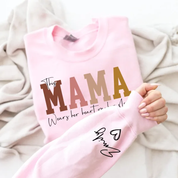 Personalized This Mama Wears Her Heart on Her Sleeve Sweatshirt, Custom Kids Name on Sleeve, Mothers Day Gift, Gift for Mom Sweatshirt, Mom Life