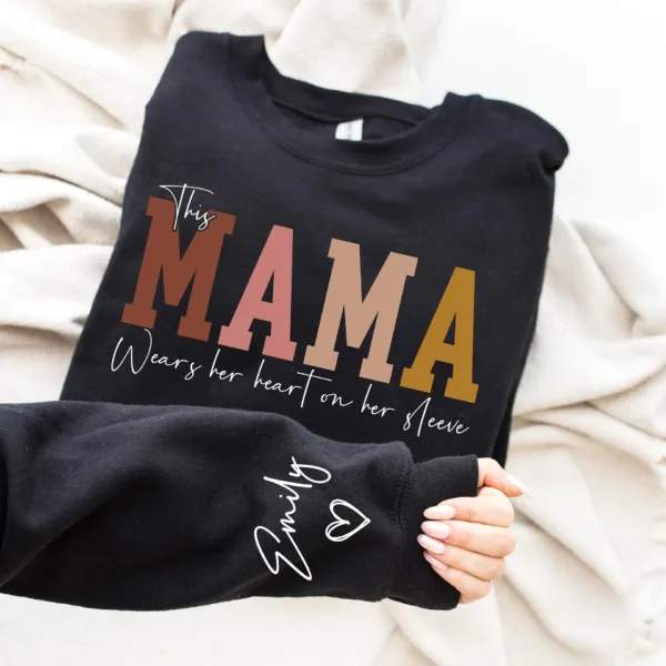 Personalized This Mama Wears Her Heart on Her Sleeve Sweatshirt, Custom Kids Name on Sleeve, Mothers Day Gift, Gift for Mom Sweatshirt, Mom Life