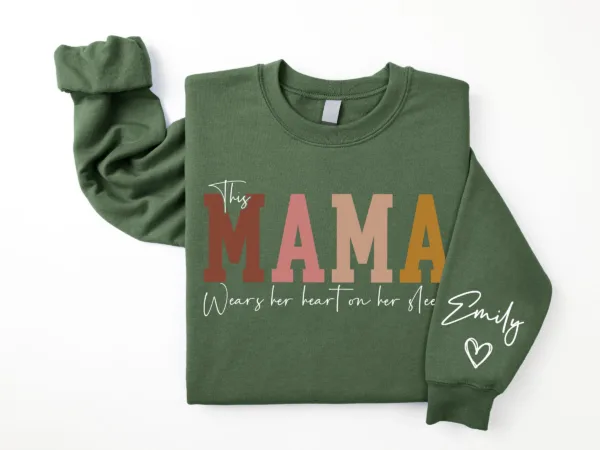 Personalized This Mama Wears Her Heart on Her Sleeve Sweatshirt, Custom Kids Name on Sleeve, Mothers Day Gift, Gift for Mom Sweatshirt, Mom Life