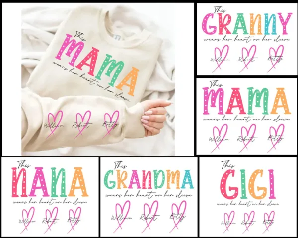 This Mama/Grandma/Nana Wears Her Heart On Her Sleeve, Custom Mama with Name Kids Sweatshirt-  The Best Mothers Day Gift