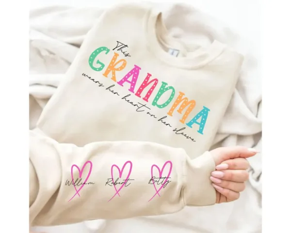 This Mama/Grandma/Nana Wears Her Heart On Her Sleeve, Custom Mama with Name Kids Sweatshirt-  The Best Mothers Day Gift