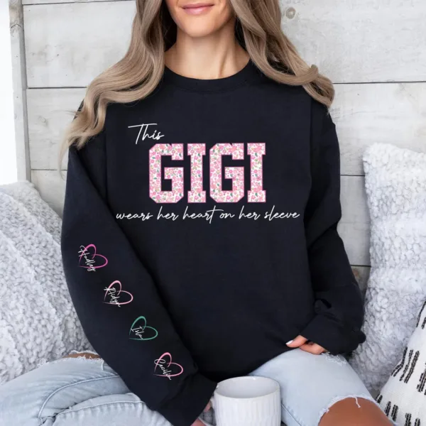 This Mama/Grandma/Nana/Gigi Wears Her Heart On Her Sleeve, Custom Mama with Name Kids Sweatshirt-  The Best Mothers Day Gift