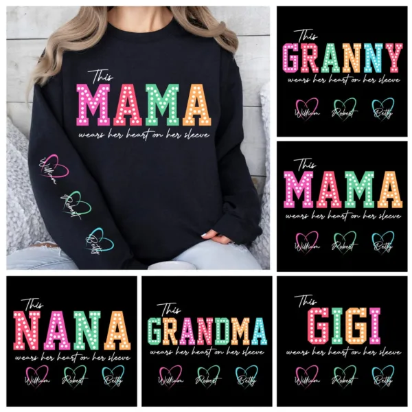 This Mama/Grandma/Nana Wears Her Heart on Her Sleeve, Custom Kids Names, The Best Mothers Day Gift