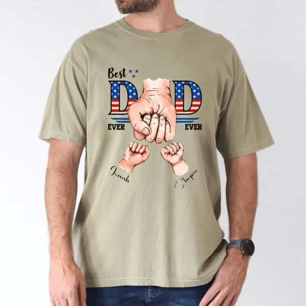 Best Dad Ever Ever, Custom Kids' Names USA Flag T-Shirt - The Best Father's Day Gift