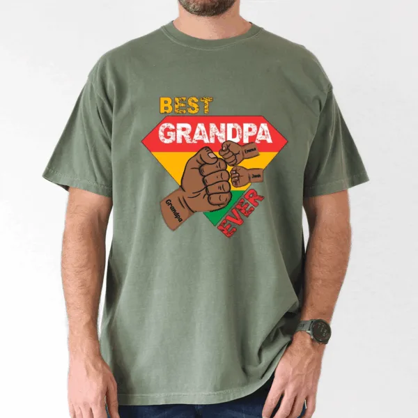custom-grandpa-gift-black-grandpa-with-fist-bump-and-grandkids-names-3-1.png Custom Grandpa Gift, Black Grandpa with Fist Bump and Grandkids Names T-Shirt - The Best Father's Day Gift