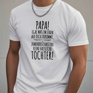 German Dad Daughter T-Shirt - Black Geometric Graphic Print with Superhero Dad French Quote, Casual Short Sleeve Round Neck Summer Tee