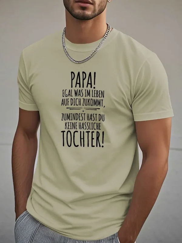 German Dad Daughter T-Shirt - Black Geometric Graphic Print with Superhero Dad French Quote, Casual Short Sleeve Round Neck Summer Tee