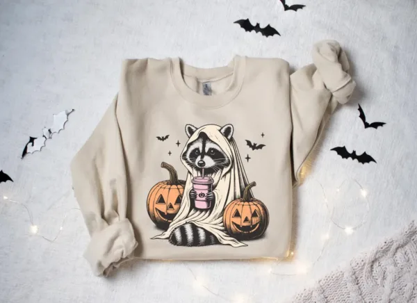 il_1140xN.6308623804_ahw9 Halloween Raccoon Sweatshirt, Halloween Spooky Season Crewneck, Raccoon Lover Shirt