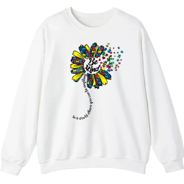 5.0 "Be Kind" Puzzle Flower Autism Awareness Sweatshirt, Sunflower Kindness Crewneck