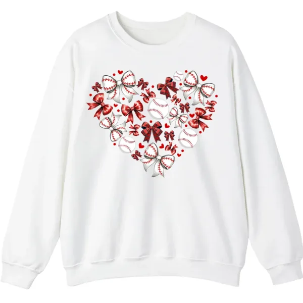 Baseball Heart Sweatshirt, Sports Lover Gift, Cute Game Day Bows Crewneck, Women's Softball Mom Pullover