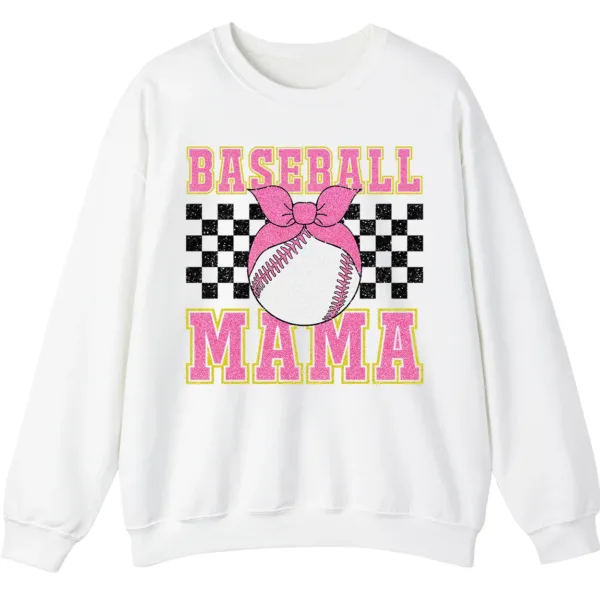 5.0 Pink Glitter Baseball Mama Sweatshirt, Checkered Softball Mom Crewneck, Game Day Bow Pullover, Retro Sports Parent Gift
