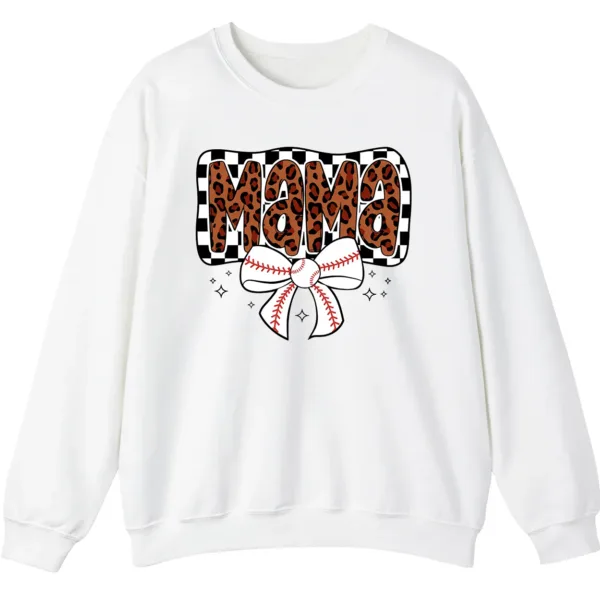 5.0 Leopard Mama Baseball Bow Sweatshirt, Checkered Cheetah Sports Mom Crewneck, Game Day Mom Gift Pullover