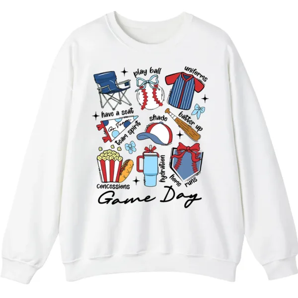 5.0 Game Day Essentials Baseball Collage Sweatshirt, Team Spirit Sports Uniform Crewneck, Popcorn Hot Dog Hydration Pullover