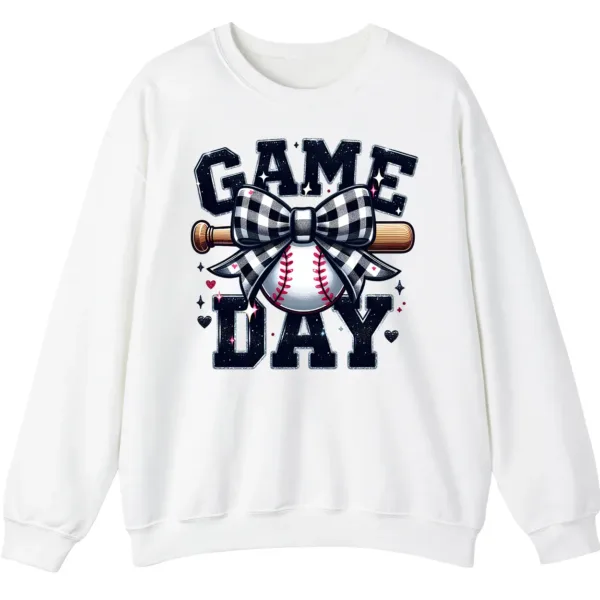5.0 Game Day Plaid Bow Baseball Sweatshirt, Black White Checkered Ribbon Crewneck, Sports Lover Vintage Pullover