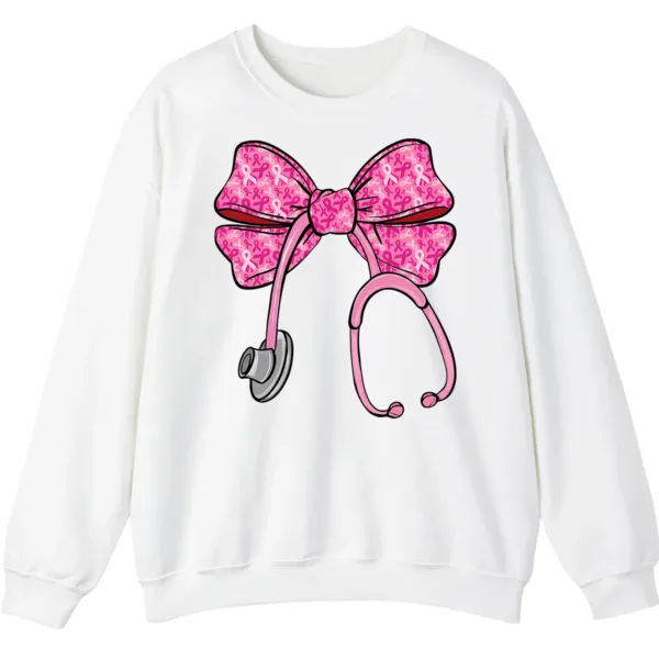 5.0 Pink Ribbon Nurse Stethoscope Bow Breast Cancer Crewneck Sweatshirt