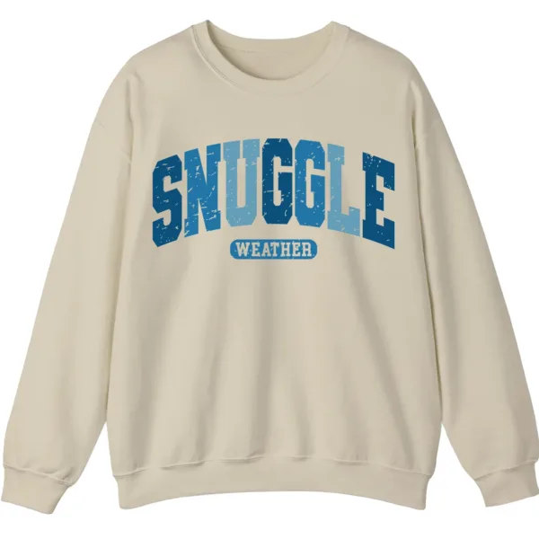 Snuggle Weather Sweatshirt, Unisex Oversized Cream Crewneck, Vintage Distressed Blue Graphic Cozy Pullover