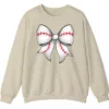 5.1 Cute Baseball Stitch Bow Crewneck Sweatshirt - Softball Mom Game Day Gift