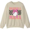 5.1 Pink Glitter Baseball Mama Sweatshirt, Checkered Softball Mom Crewneck, Game Day Bow Pullover, Retro Sports Parent Gift