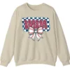 5.1 Leopard Print Mama Baseball Bow Sweatshirt, Checkered Game Day Crewneck, Pink Cheetah Softball Mom Pullover