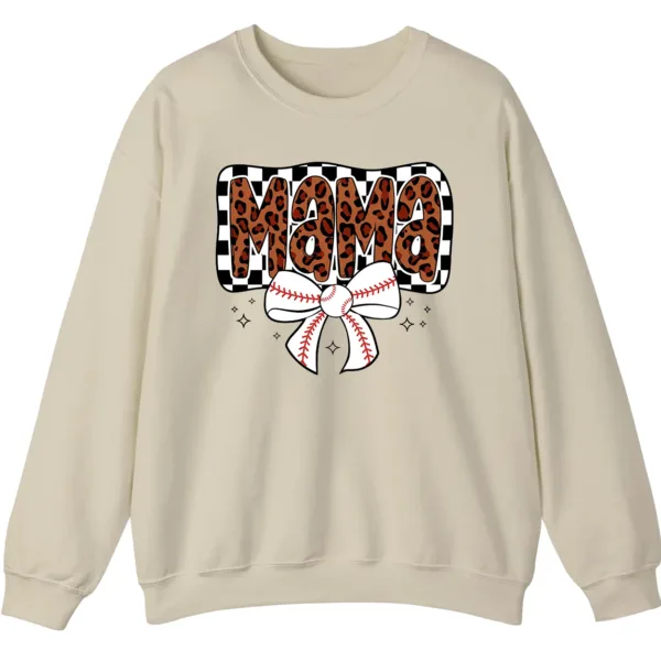 5.1 Leopard Mama Baseball Bow Sweatshirt, Checkered Cheetah Sports Mom Crewneck, Game Day Mom Gift Pullover