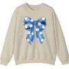 5.1 Blue Polka Dot Baseball Bow Sweatshirt, Cute Game Day Softball Ribbon Crewneck, Women's Sports Fan Pullover