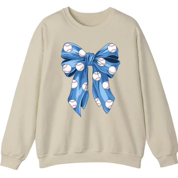 5.1 Blue Polka Dot Baseball Bow Sweatshirt, Cute Game Day Softball Ribbon Crewneck, Women's Sports Fan Pullover