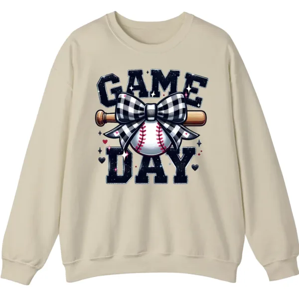 5.1 Game Day Plaid Bow Baseball Sweatshirt, Black White Checkered Ribbon Crewneck, Sports Lover Vintage Pullover