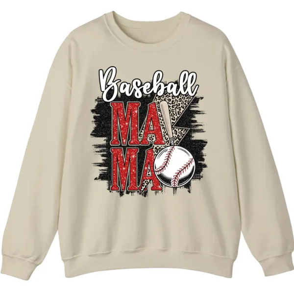 5.1 Baseball Mama Red Glitter Leopard Lightning Sweatshirt, Game Day Sports Mom Pullover, Distressed Grunge Design Crewneck