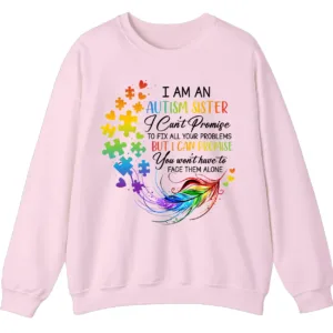 5.2 "You Won't Have To Face Them Alone" Autism Sister Sweatshirt, Rainbow Feather Support Gift