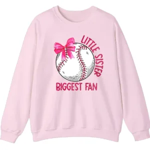 5.2 Little Sister Biggest Fan Baseball Softball Sweatshirt, Pink Bow Game Day Crewneck, Sibling Sports Support Gift Pullover