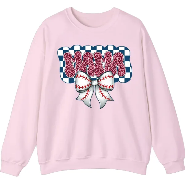 5.2 Leopard Print Mama Baseball Bow Sweatshirt, Checkered Game Day Crewneck, Pink Cheetah Softball Mom Pullover