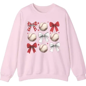 Baseball Bows Red White Grid Sweatshirt, Plaid Ribbon and Balls Crewneck, Cute Sports Mom Game Day Pullover, Softball Lover Gift