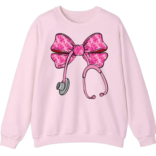 5.2 Pink Ribbon Nurse Stethoscope Bow Breast Cancer Crewneck Sweatshirt