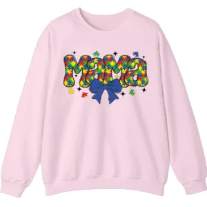 Cute Colorful Puzzle Piece Mama Crewneck, Autism Awareness Bubble Letters Sweatshirt