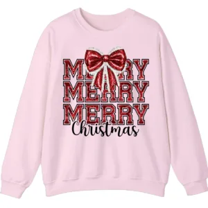 5.2 Merry Merry Merry Christmas Bow Sweatshirt – Cute Holiday Crewneck for Women