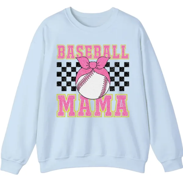 5.3 Pink Glitter Baseball Mama Sweatshirt, Checkered Softball Mom Crewneck, Game Day Bow Pullover, Retro Sports Parent Gift
