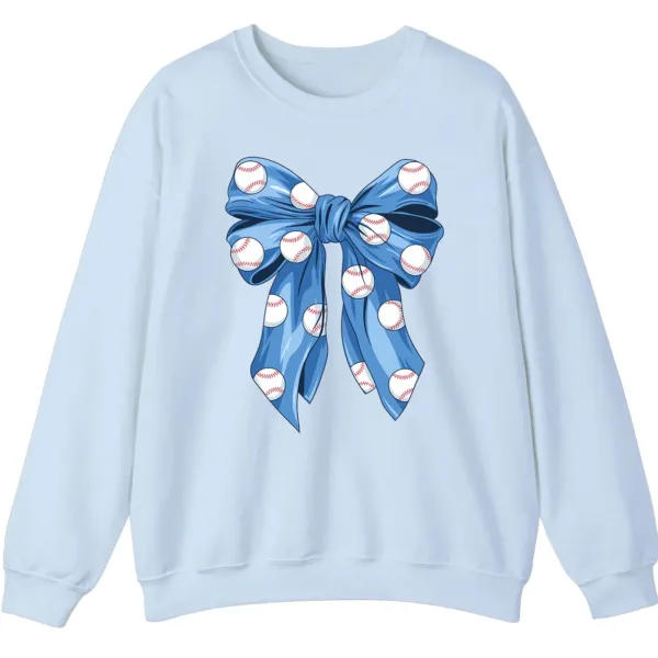 5.3 Blue Polka Dot Baseball Bow Sweatshirt, Cute Game Day Softball Ribbon Crewneck, Women's Sports Fan Pullover