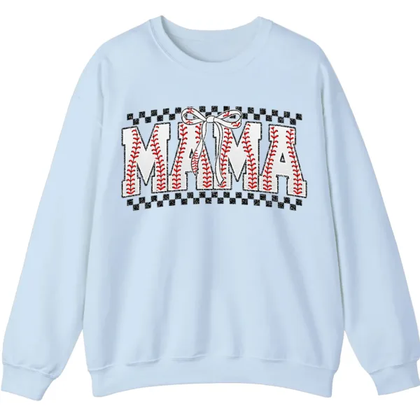 5.3 Distressed Checkered Baseball Mama Sweatshirt, Sports Stitch MAMA Pullover, Game Day Bow Crewneck