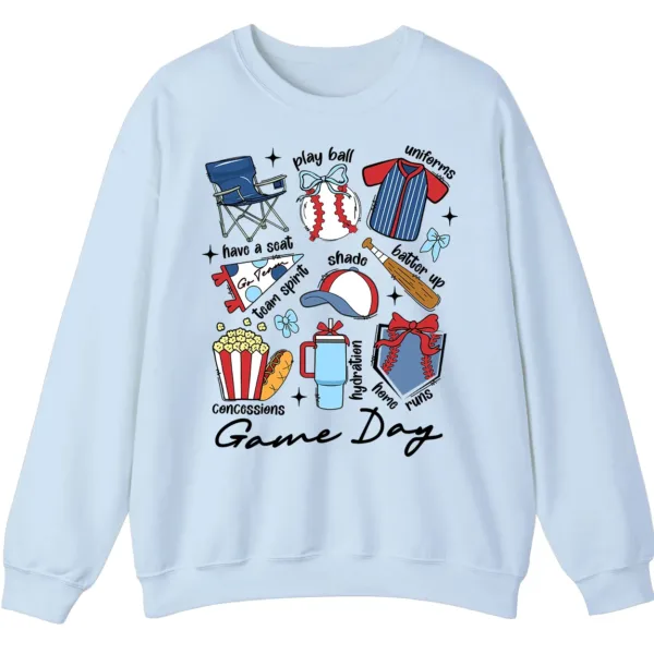 5.3 Game Day Essentials Baseball Collage Sweatshirt, Team Spirit Sports Uniform Crewneck, Popcorn Hot Dog Hydration Pullover
