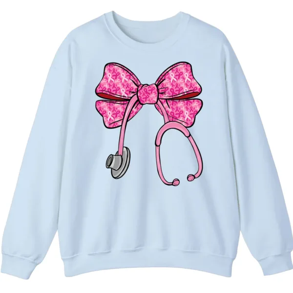 5.3 Pink Ribbon Nurse Stethoscope Bow Breast Cancer Crewneck Sweatshirt