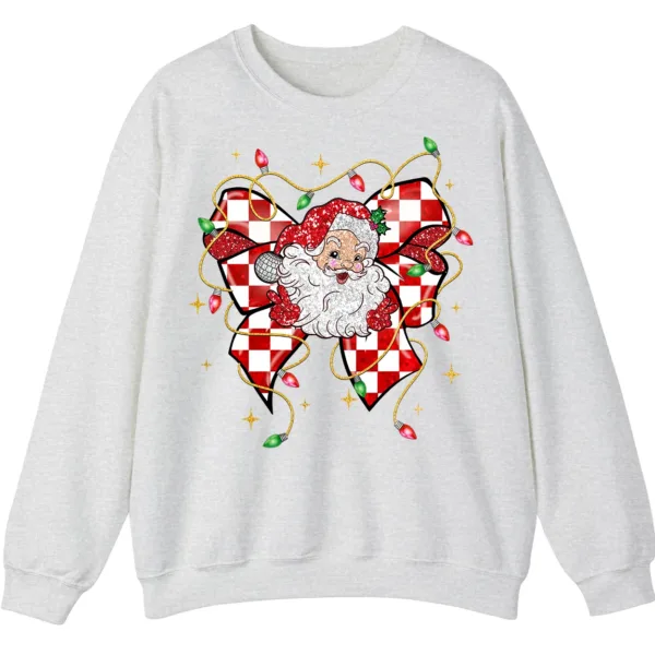 Retro Santa Bow Sweatshirt – Christmas Checkerboard Holiday Crewneck