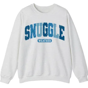 Snuggle Weather Sweatshirt, Unisex Oversized Cream Crewneck, Vintage Distressed Blue Graphic Cozy Pullover