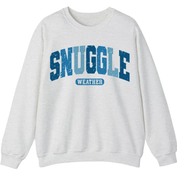 Snuggle Weather Sweatshirt, Unisex Oversized Cream Crewneck, Vintage Distressed Blue Graphic Cozy Pullover