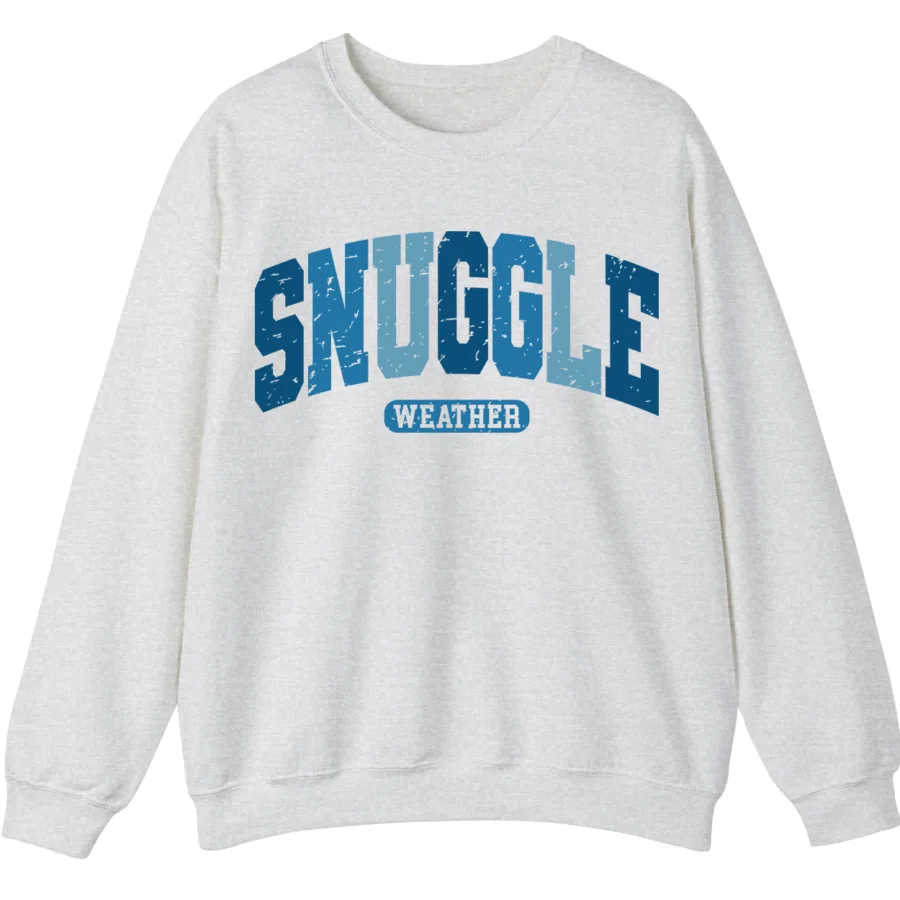 Home 12 Snuggle Weather Sweatshirt, Unisex Oversized Cream Crewneck, Vintage Distressed Blue Graphic Cozy Pullover