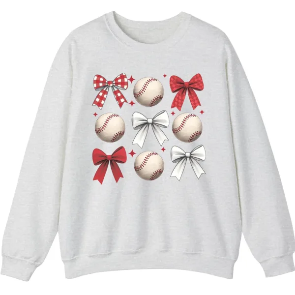 Baseball Bows Red White Grid Sweatshirt, Plaid Ribbon and Balls Crewneck, Cute Sports Mom Game Day Pullover, Softball Lover Gift