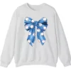 5.4 Blue Polka Dot Baseball Bow Sweatshirt, Cute Game Day Softball Ribbon Crewneck, Women's Sports Fan Pullover