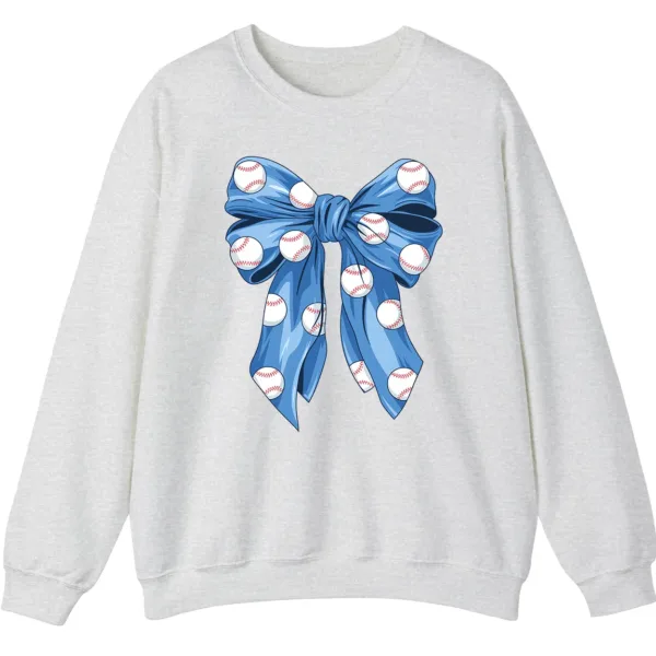 5.4 Blue Polka Dot Baseball Bow Sweatshirt, Cute Game Day Softball Ribbon Crewneck, Women's Sports Fan Pullover